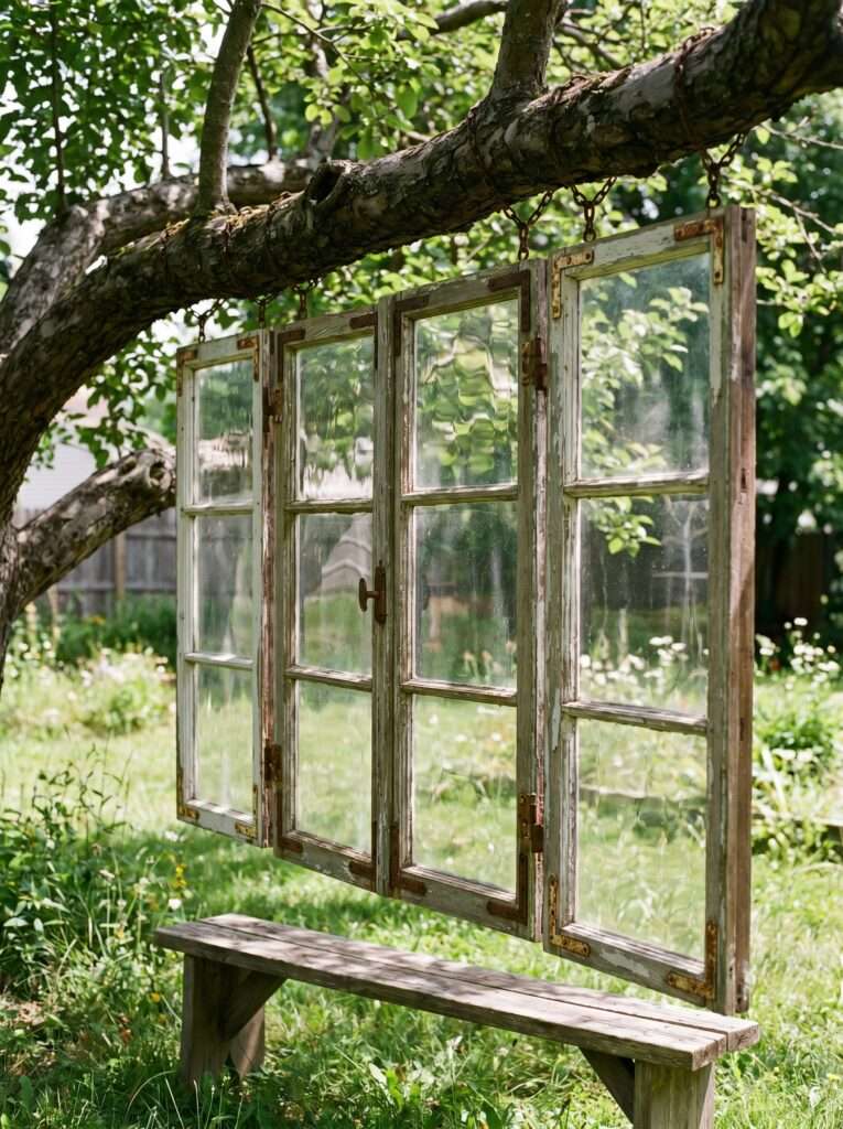 anging privacy screen made from old salvaged wooden window frames behind a garden bench.