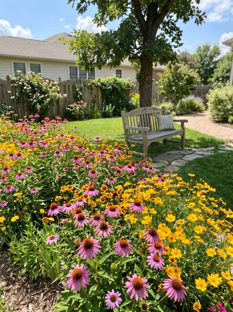 Purple coneflowers and amber coreopsis growing together in a sunny garden bed