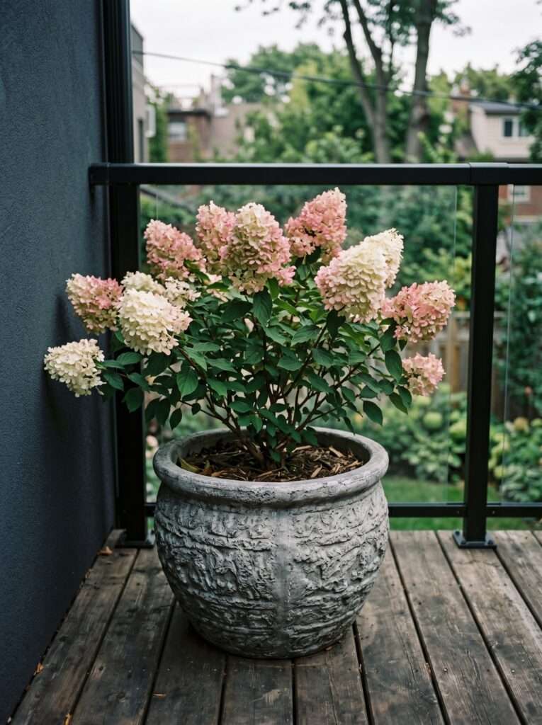 Dwarf hydrangea bush blooming in a lightweight faux stone resin container.