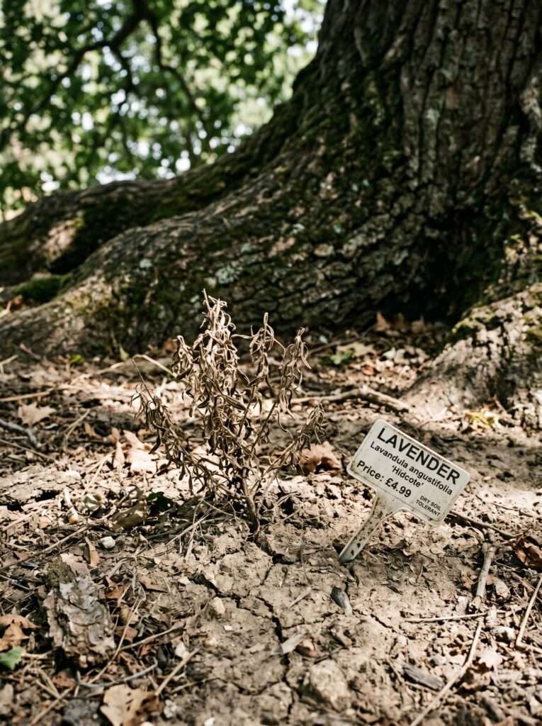 A small withered plant in dry soil under a tree canopy with a visible nursery label.