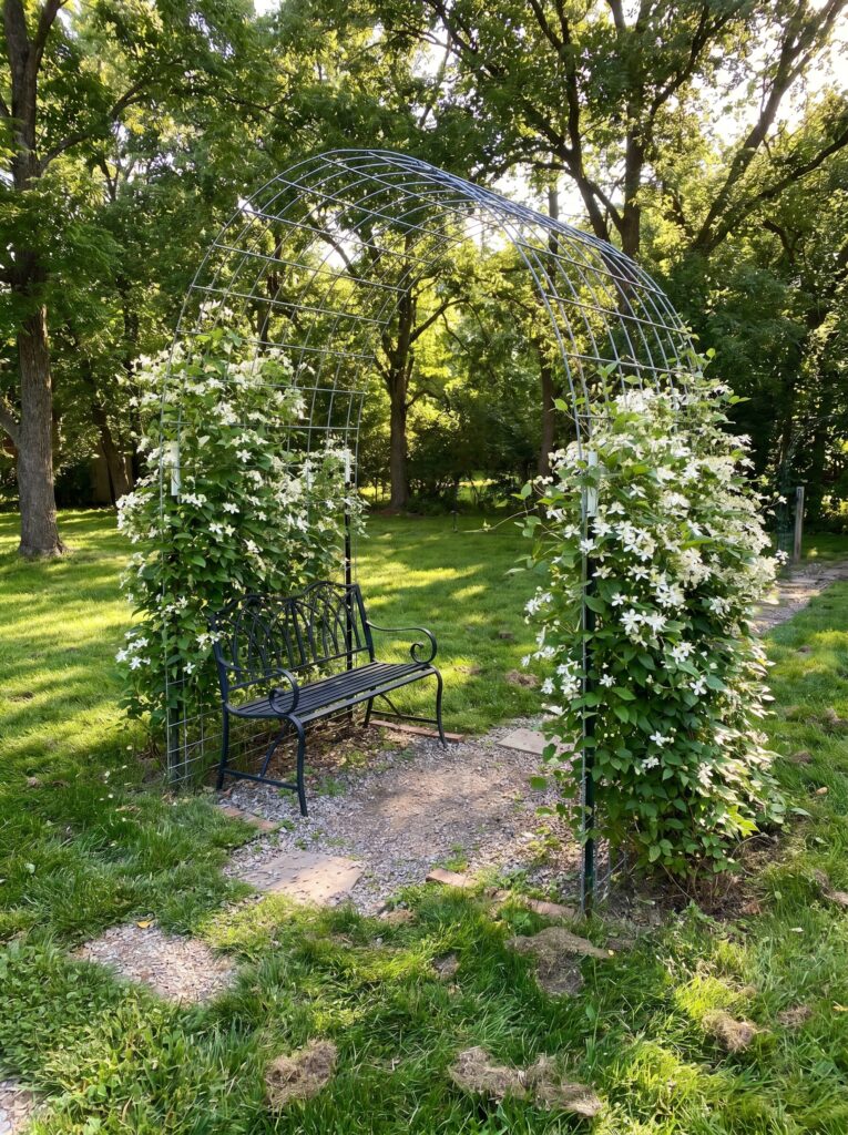 Iron garden bench sitting underneath an affordable DIY cattle panel arched arbor vine tunnel.