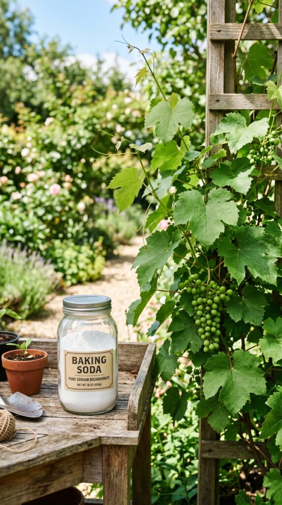 A white box of baking soda and a spray bottle sitting on a garden path next to a healthy grapevine climbing a wooden trellis.
