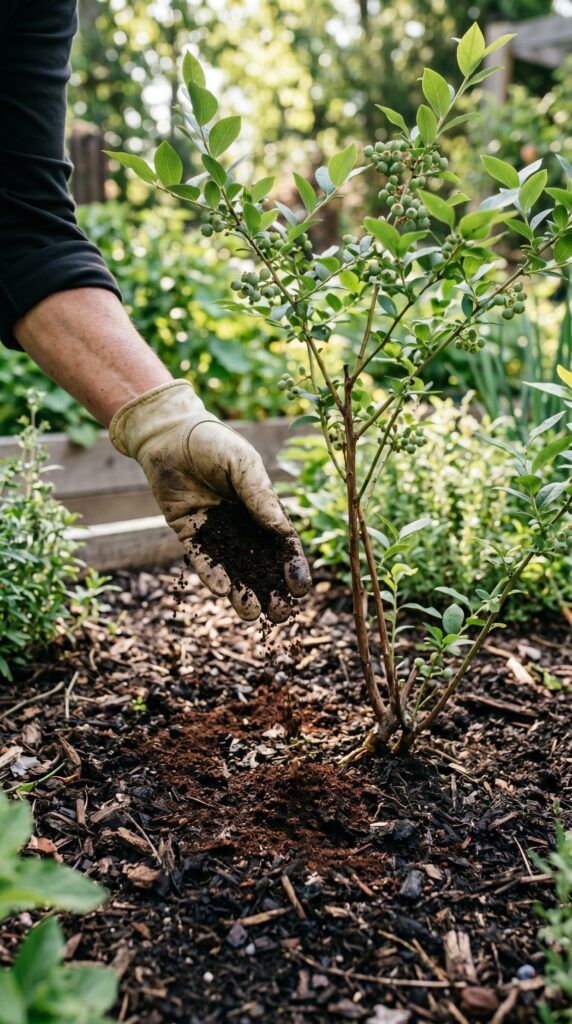 A gardener’s hand gently spreading used dark brown coffee grounds in a circle around the base of a young blueberry bush."
