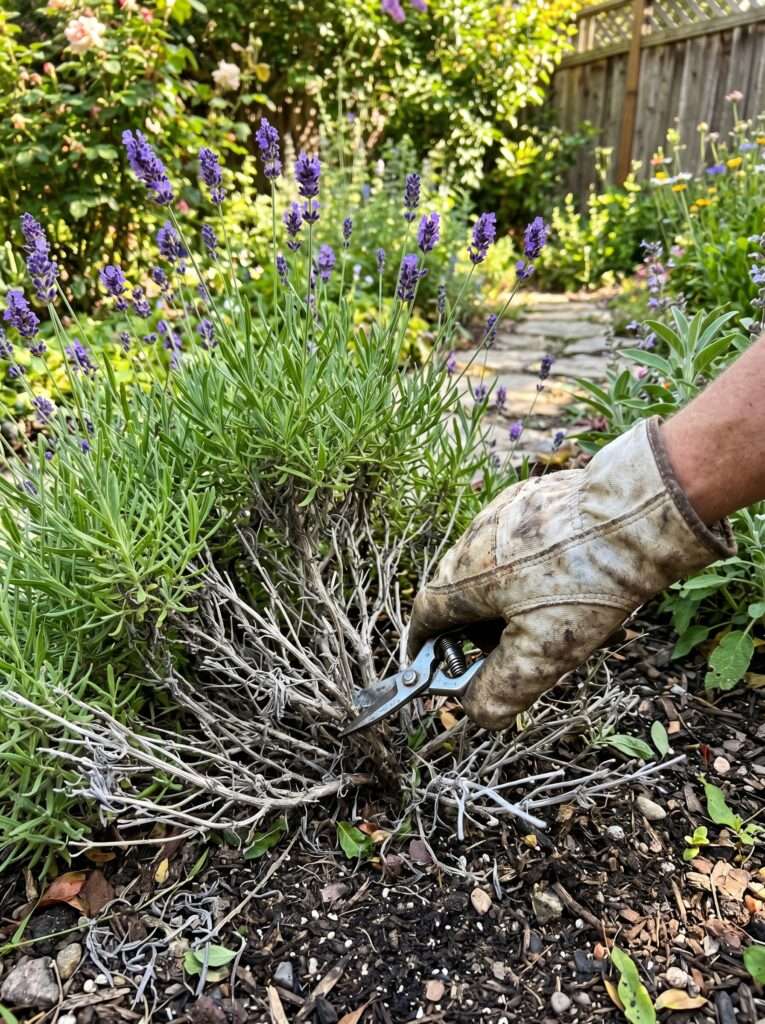 Gardener pruning old woody growth from a French lavender plant in a dry garden bed