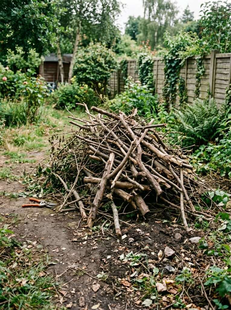 A pile of cleared woody plant debris in a home backyard during fire safety maintenance