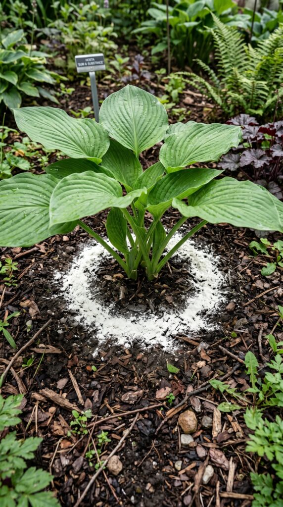 Top-down view of a protective white ring of food-grade diatomaceous earth sprinkled on dark soil around the base of a lush green hosta plant.