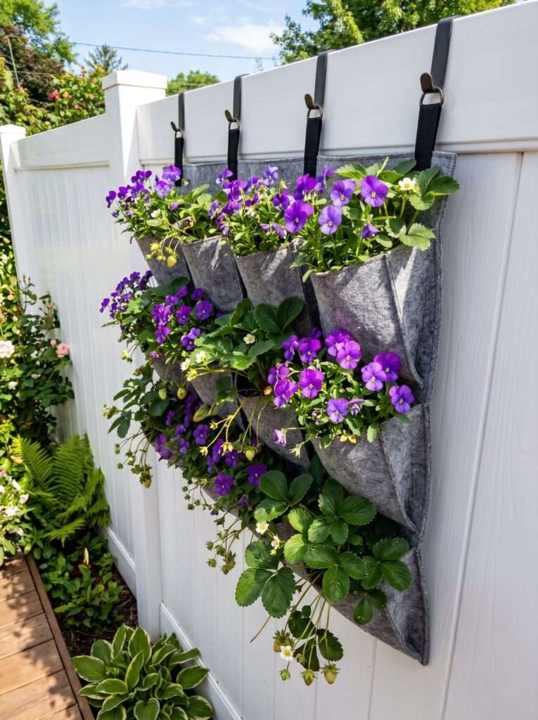 Hanging felt pocket planter filled with purple violas on a vinyl fence.
