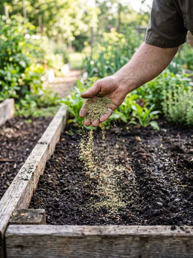 Hand broadcasting alfalfa meal onto a garden bed in the morning light.