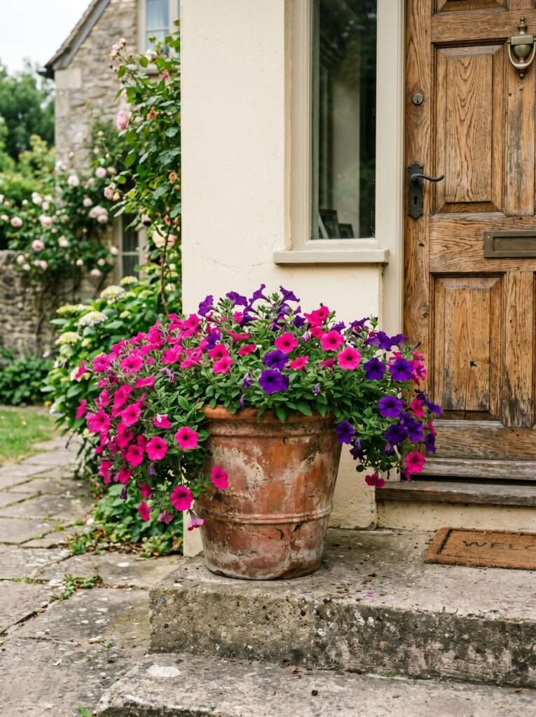 Terracotta pot overflowing with royal fuchsia and deep purple petunia flowers