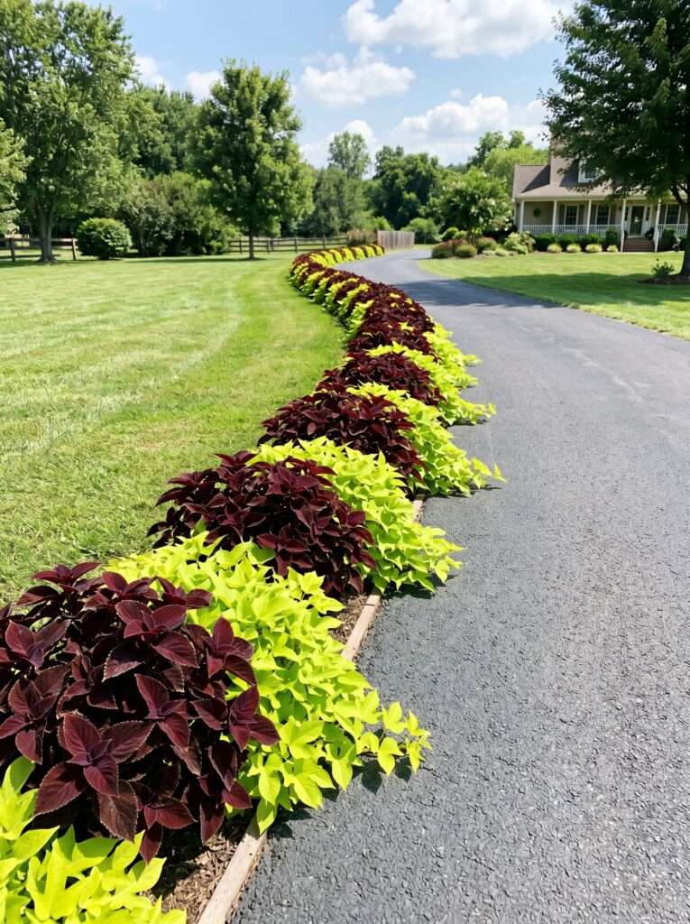 Saturated burgundy coleus and lime sweet potato vines along a suburban driveway
