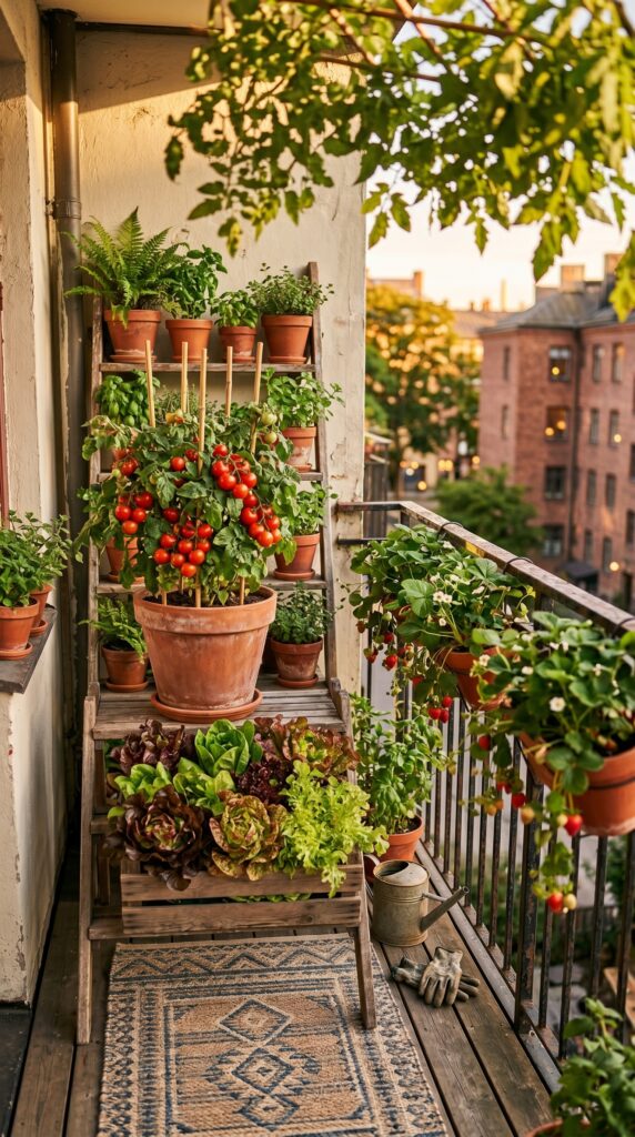 Dwarf cherry tomato plant with ripe red fruit growing in a balcony container