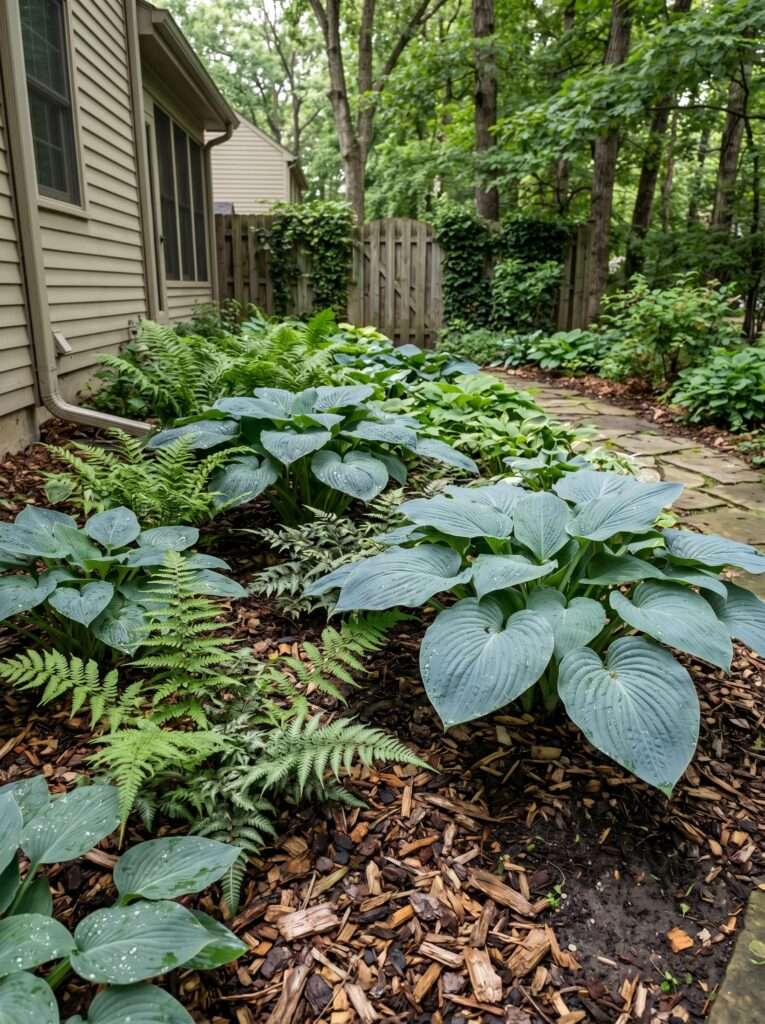 Blue hostas and green ferns growing together in a shaded side yard