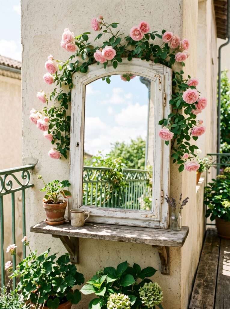 Vintage window mirror illusion surrounded by climbing pink roses on a balcony.