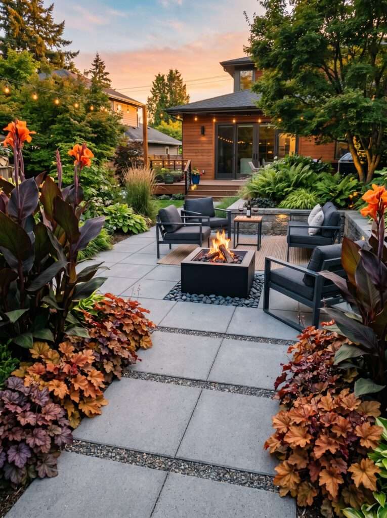 Copper and bronze foliage plants bordering a modern dark concrete patio paver