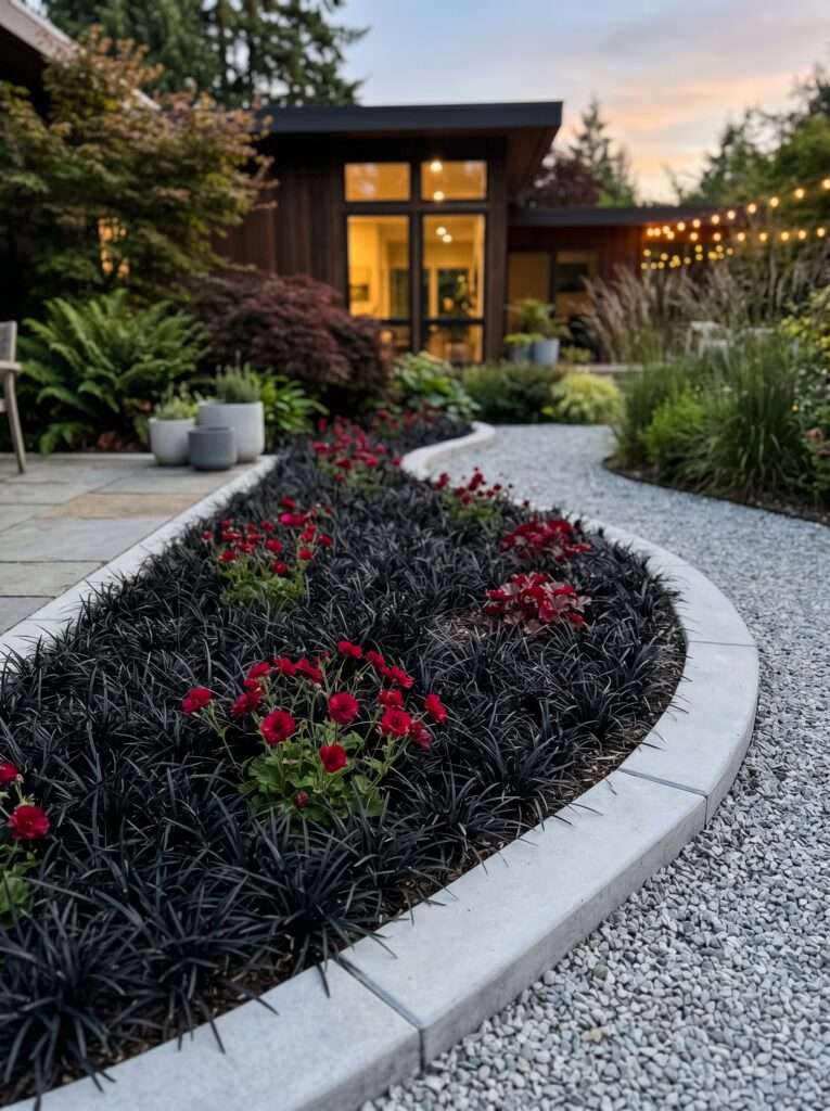 Dark black mondo grass mixed with deep red flowers in modern gravel bed