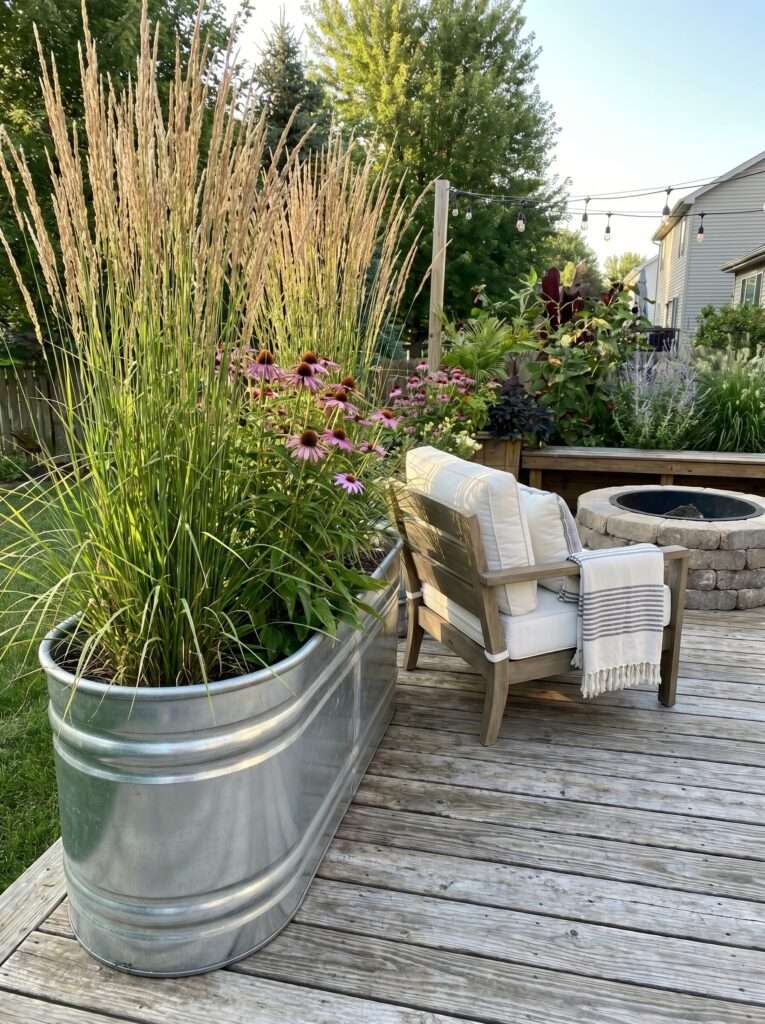 Galvanized stock tank planter filled with tall ornamental grasses next to a patio armchair.