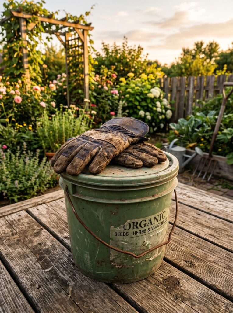 Used gardening gloves resting on a bucket after autumn planting work.