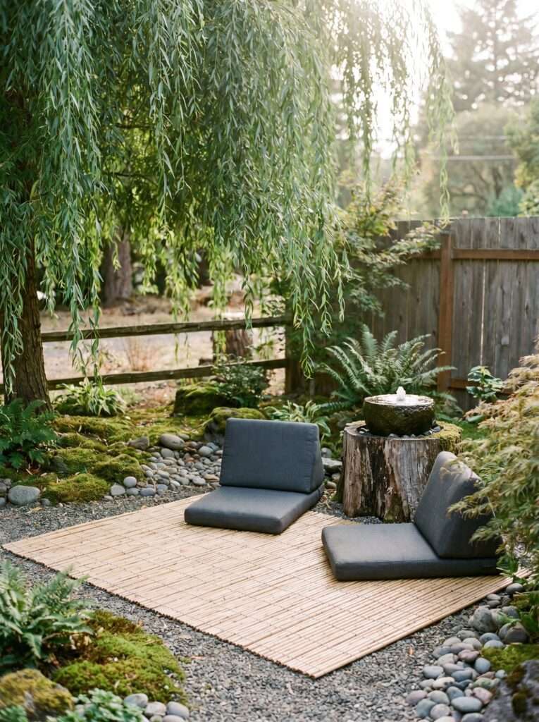 Bamboo outdoor mat and floor cushions next to a small stone fountain on a stump.