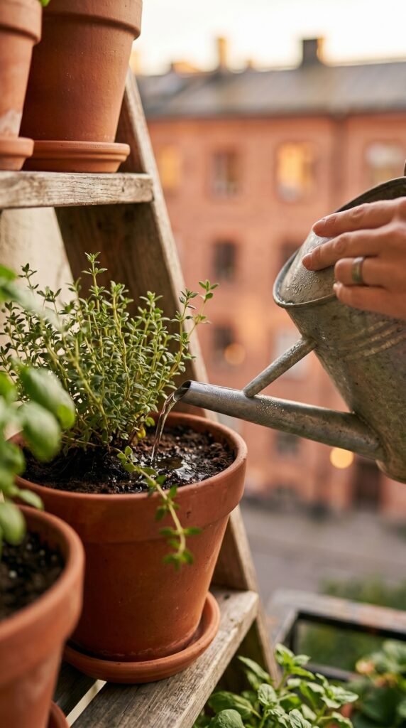 Hand using a watering can to provide a deep soak to plants in a balcony garden.