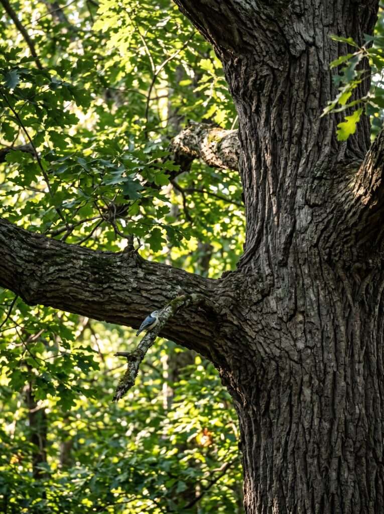 Mature White Oak tree with heavy branches and rough bark, glowing in natural light.