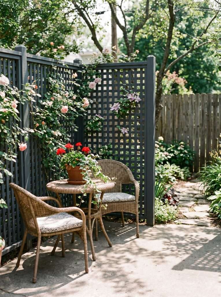 Dark gray lattice privacy screen enclosing a small wicker bistro set on a concrete patio.