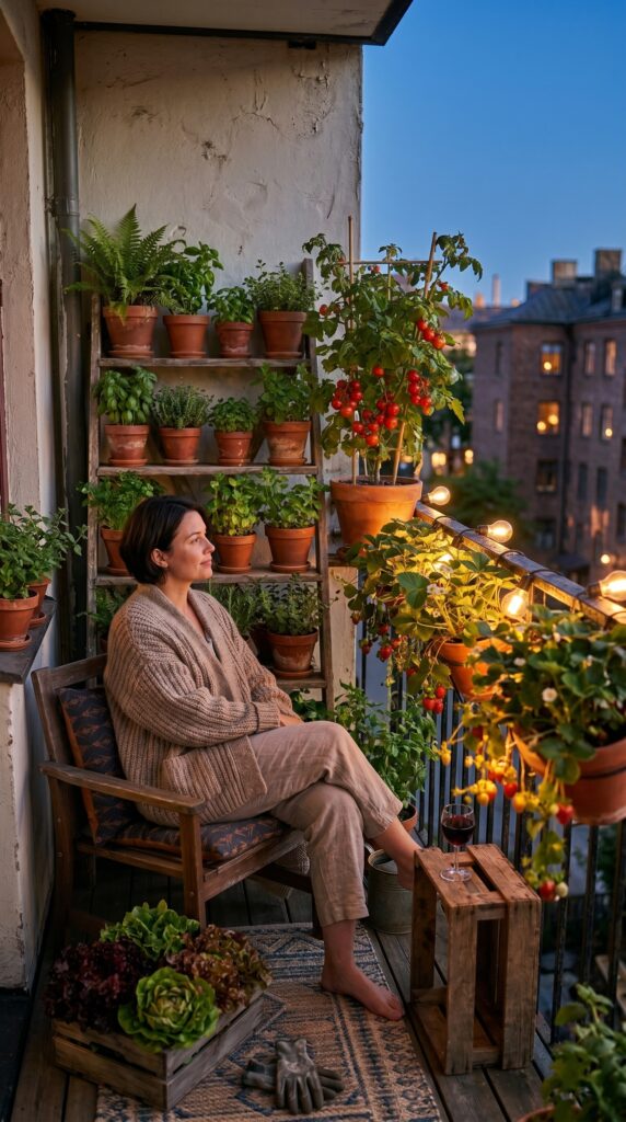 Cozy evening balcony garden with string lights and a small seating area surrounded by plants.