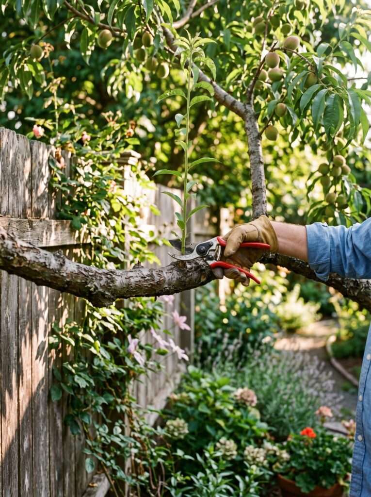 A real-life garden setup with a slightly worn wooden fence, showing a pair of hand pruners cutting a vertical water sprout from a peach tree limb in dappled afternoon light.