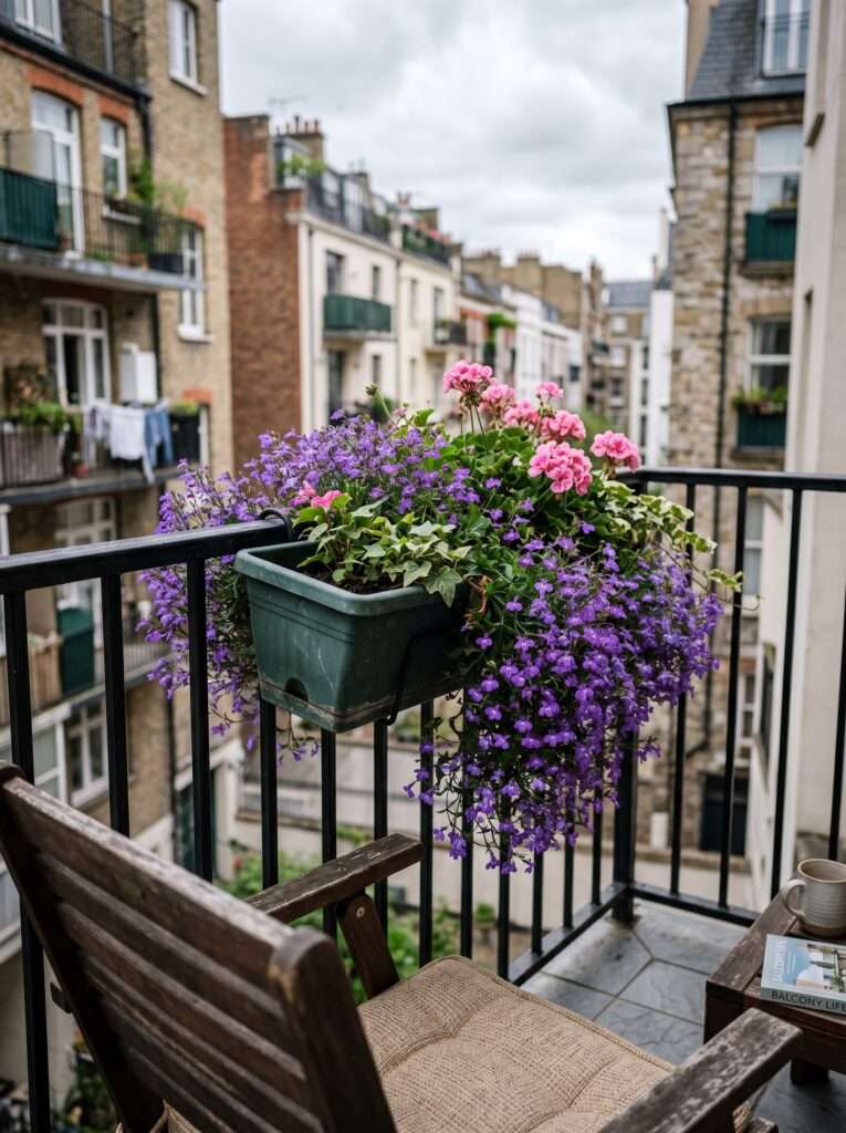 Inward-facing railing window box filled with purple and pink cascading flowers.