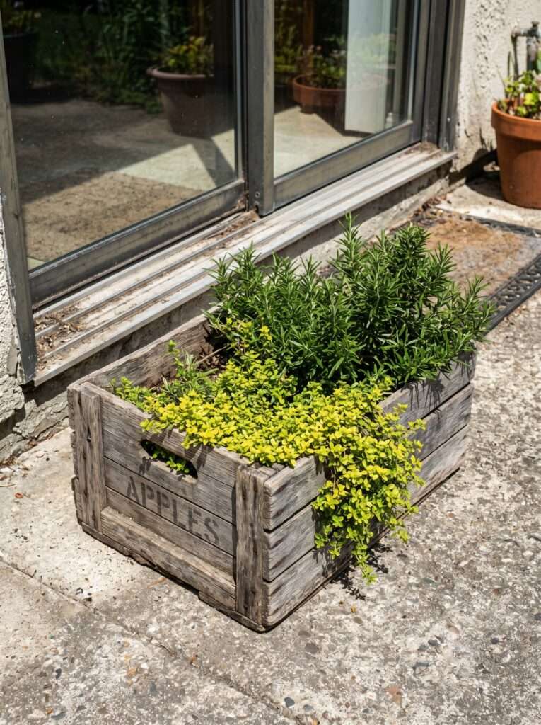 Vintage wooden crate planted with rosemary and thyme on a concrete patio.