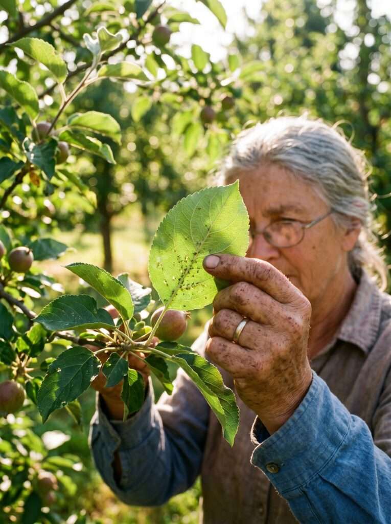A real gardener's hand gently inspecting the underside of an apple tree leaf in the morning sun, looking for tiny pests or signs of disease.