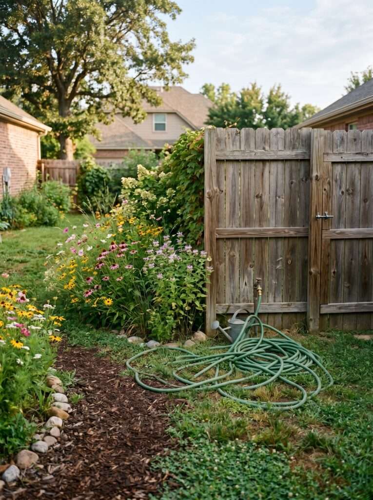 Authentic backyard garden with native wildflowers and a simple mulch path under soft morning sunlight.