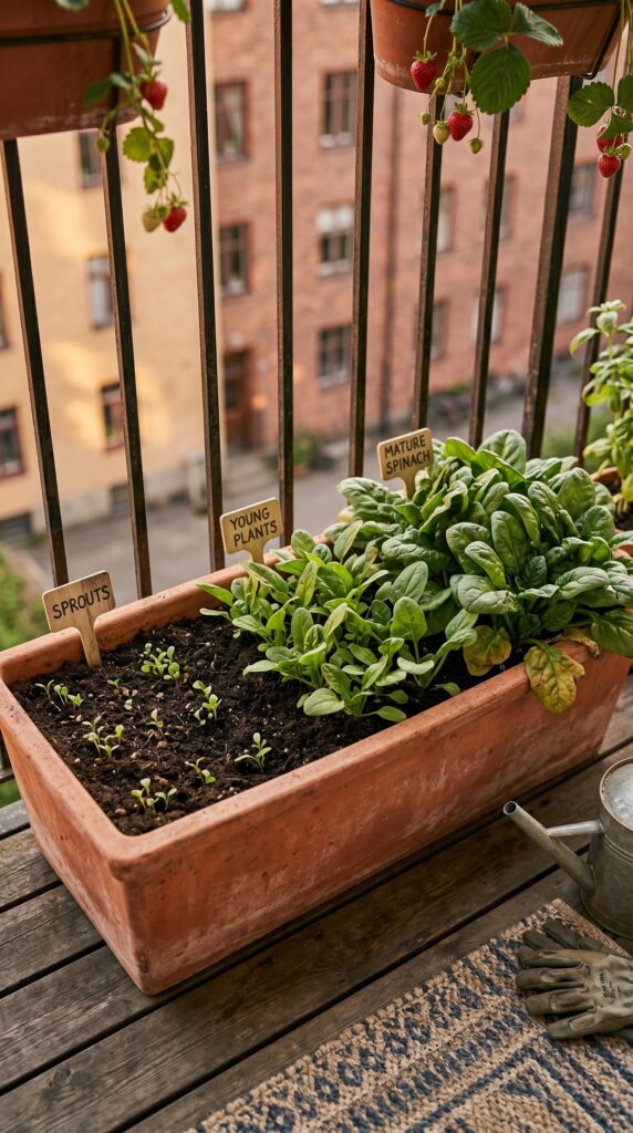 Rectangular planter box showing three different stages of spinach growth from sprouts to harvest.