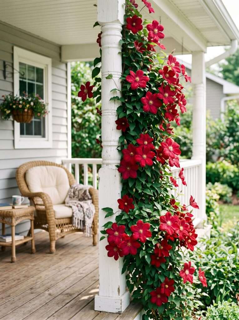 Crimson red clematis vine blooming on a white wooden front porch column