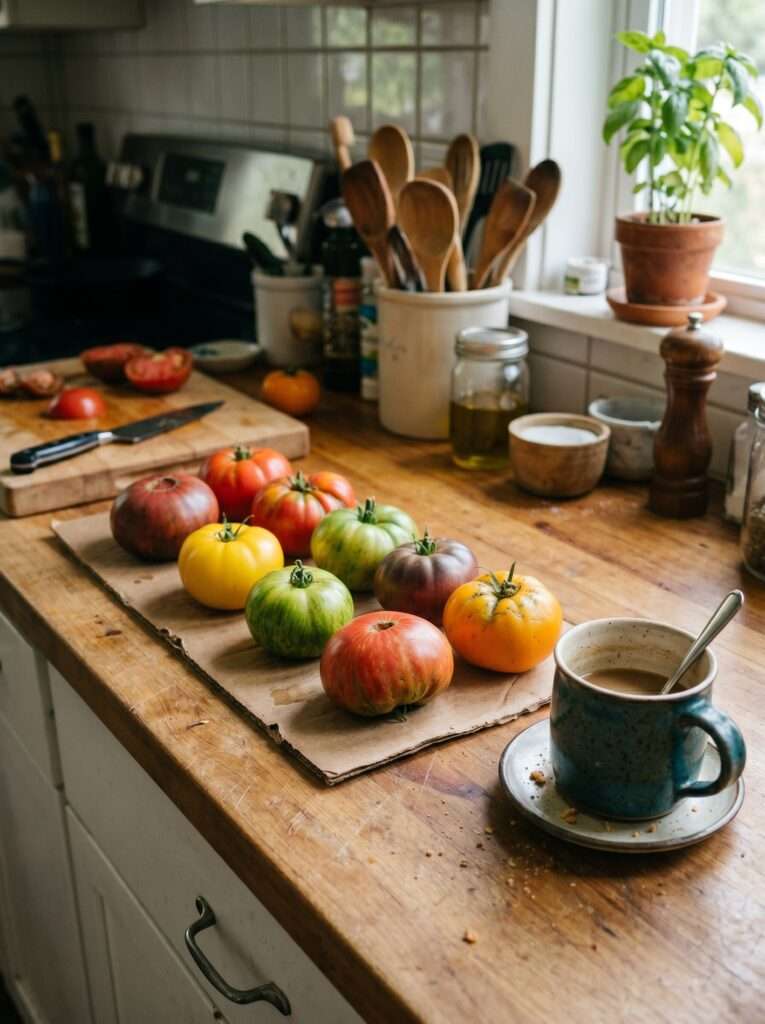 Heirloom tomatoes ripening upside down on a kitchen counter.