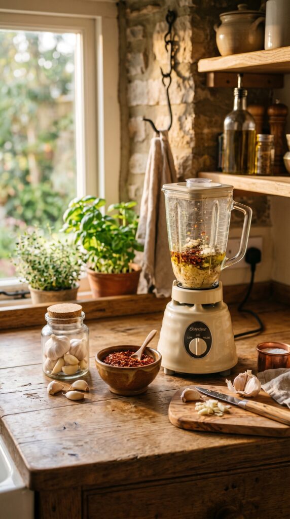 Close-up of a rustic kitchen counter featuring fresh garlic cloves, dried red chili peppers, and a glass jar of strained orange-tinted liquid in natural morning light.