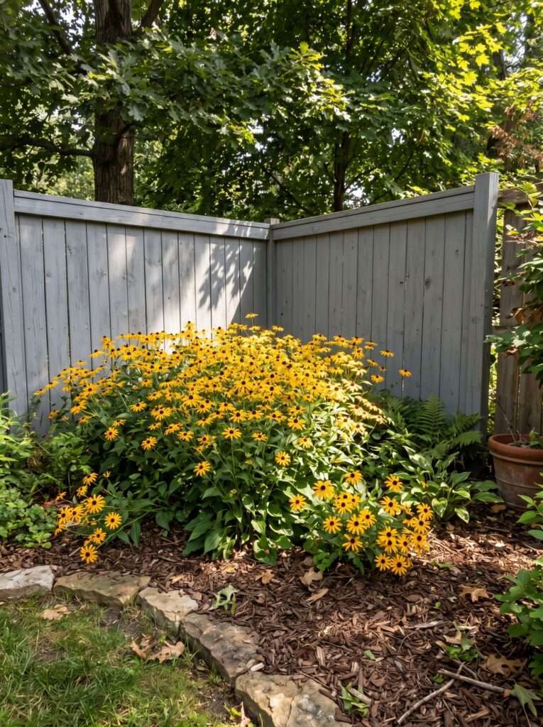 Golden black-eyed susan flowers blooming in a shaded backyard fence corner