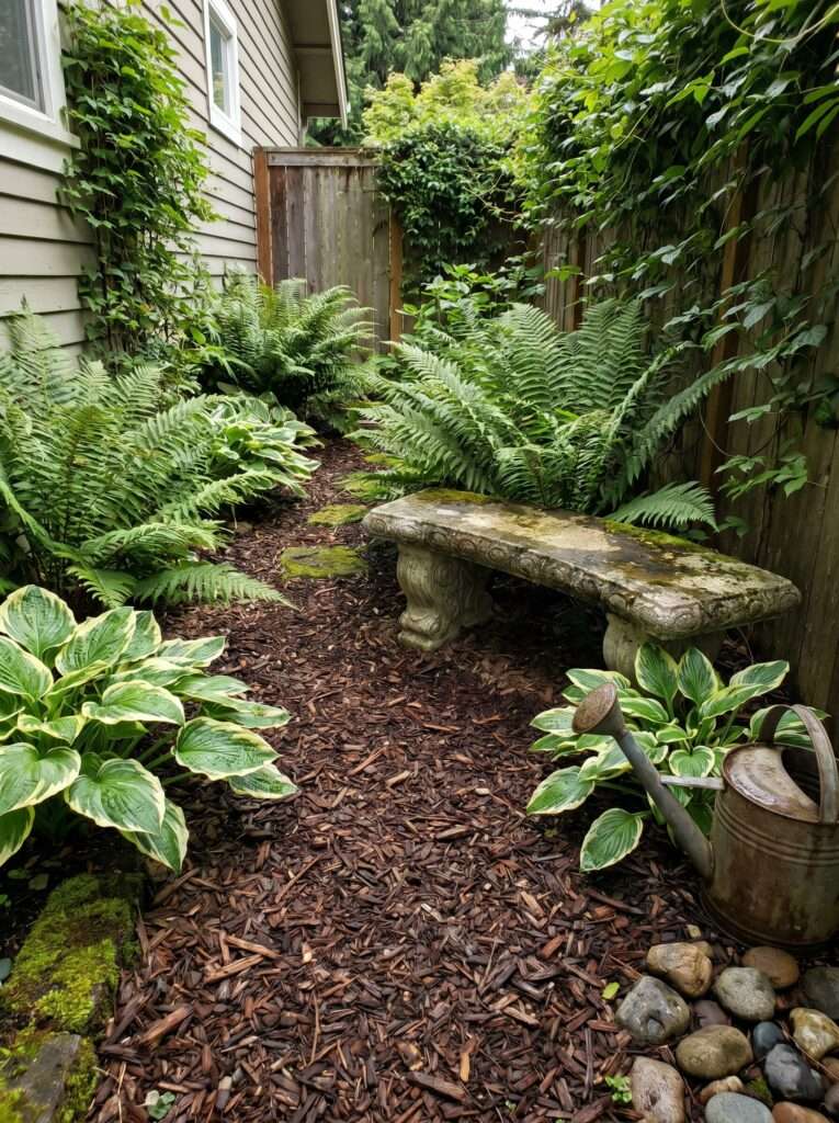Mossy concrete bench surrounded by lush green ferns in a shady side yard nook.