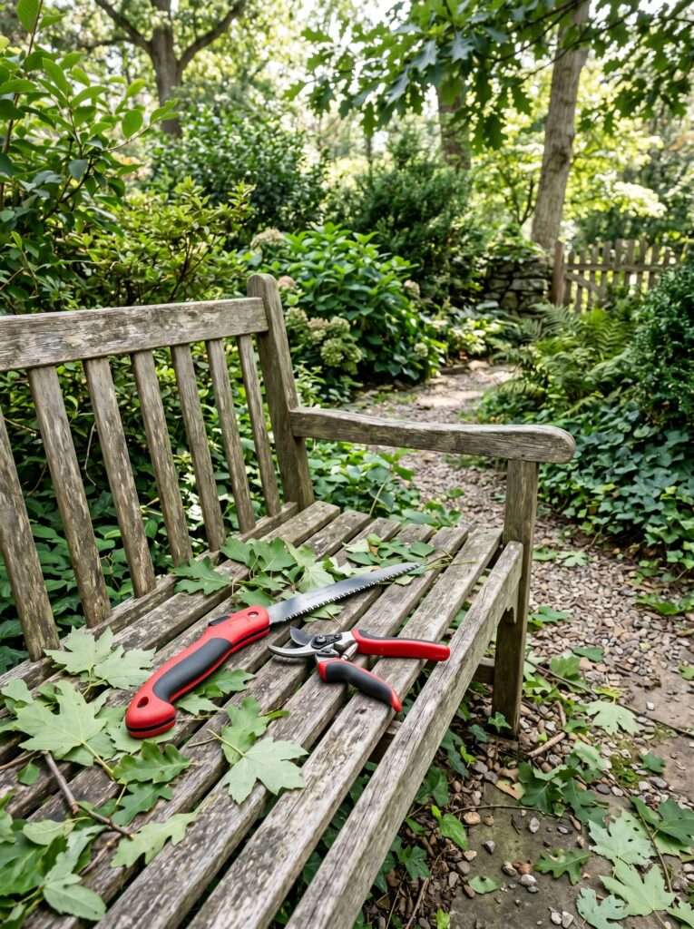 A simple backyard setting showing a folding pruning saw and a pair of hand pruners laying on an old wooden garden bench surrounded by some scattered green leaves.