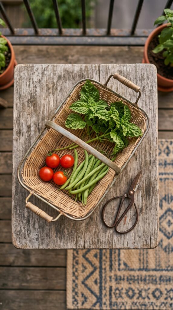 harvest basket sitting on a small balcony table. Inside are three red cherry tomatoes, a handful of green beans, and some ruffled basil leaves. A pair of garden snips lies next to the basket.