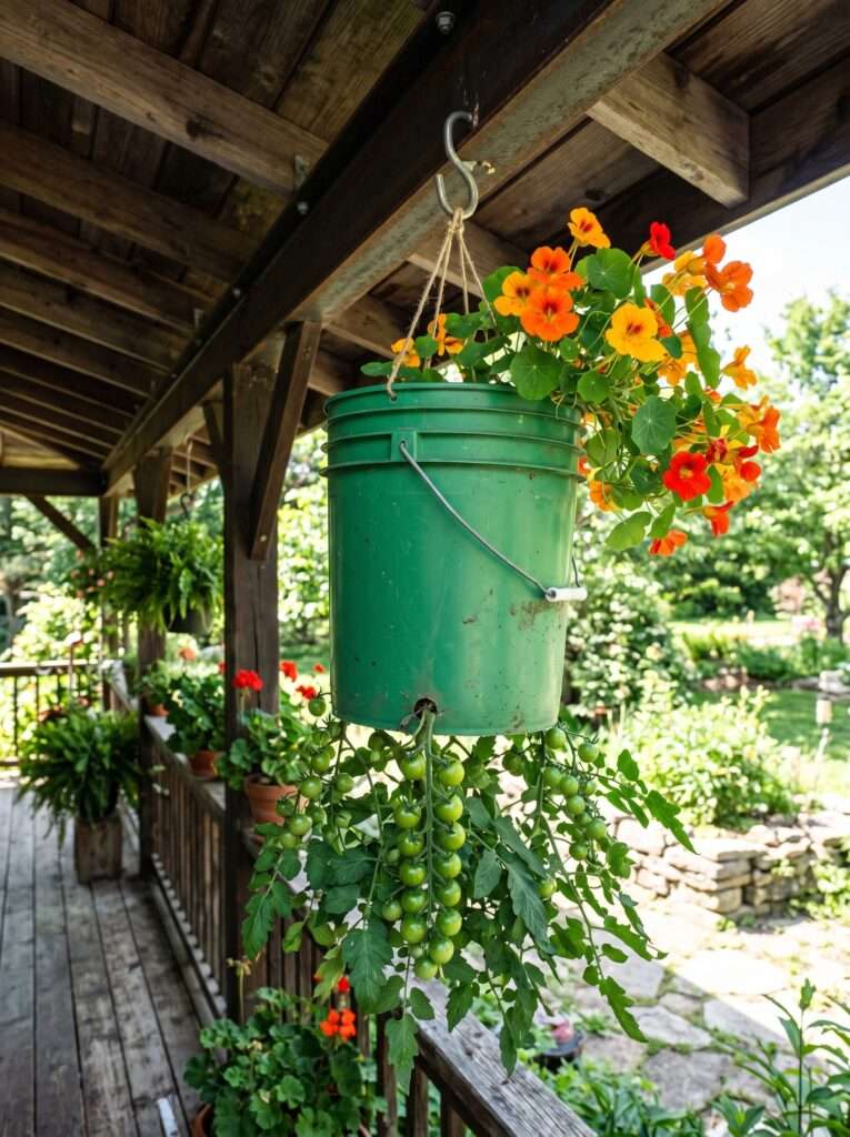 Hanging green bucket growing tomatoes downward and nasturtiums from the top.