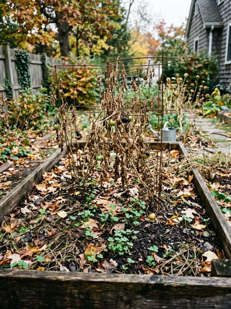 Small green cover crop sprouts growing in a backyard raised garden bed during autumn.