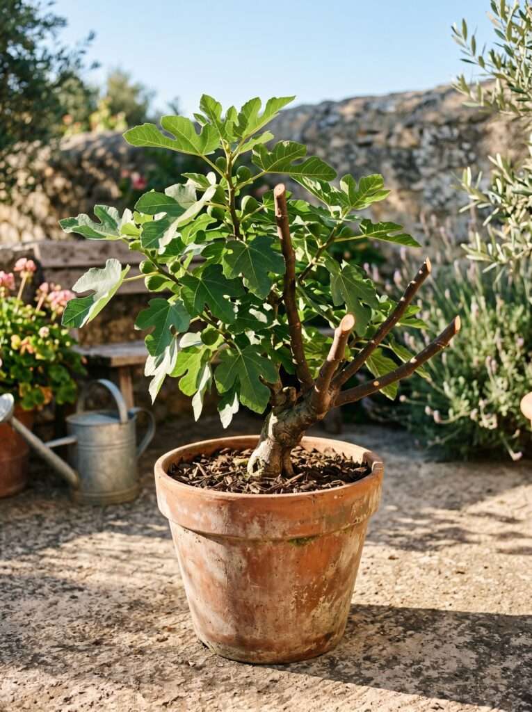 A small dwarf fig tree growing in a weathered terracotta pot on a sunny concrete patio, showing clean cuts on the outer branches.