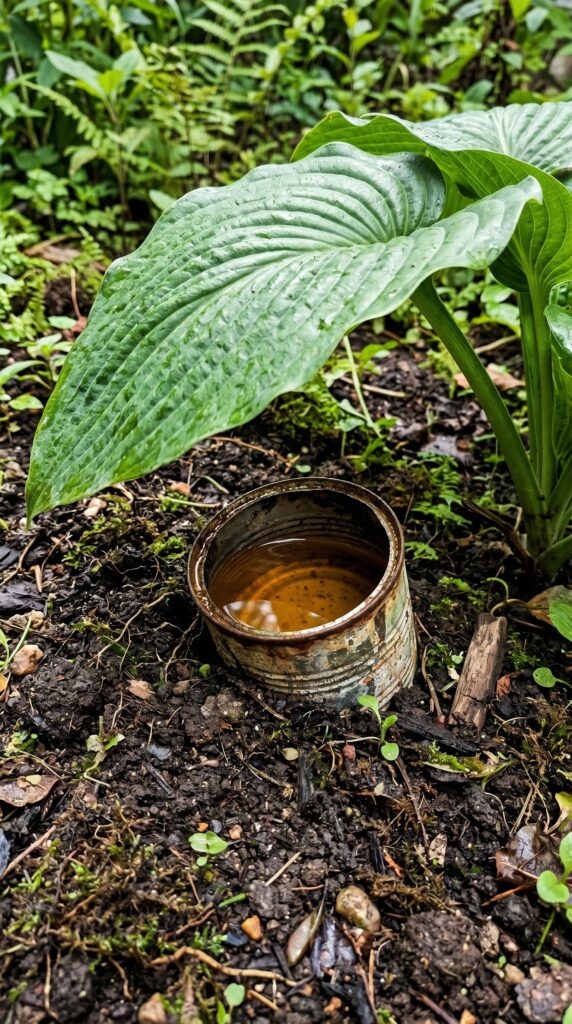 A small metal tuna tin buried level with the soil surface in a garden bed, partially filled with amber-colored beer under the shade of a strawberry leaf.