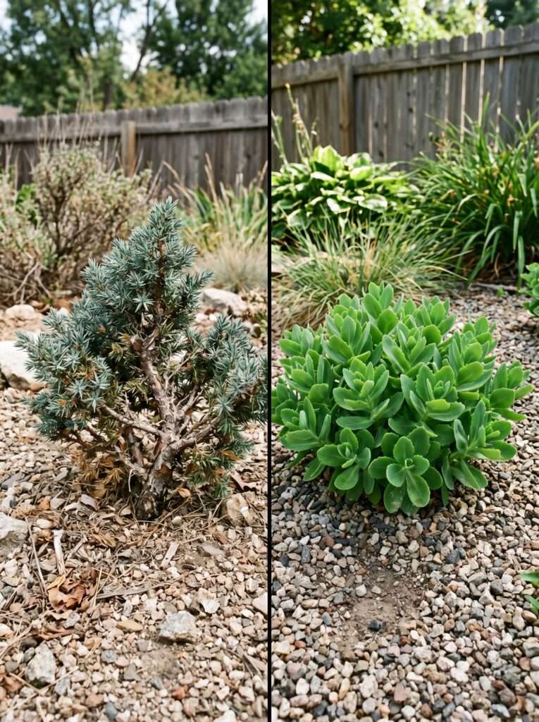 Side by side comparison of a highly flammable resinous shrub and a fire resistant succulent plant