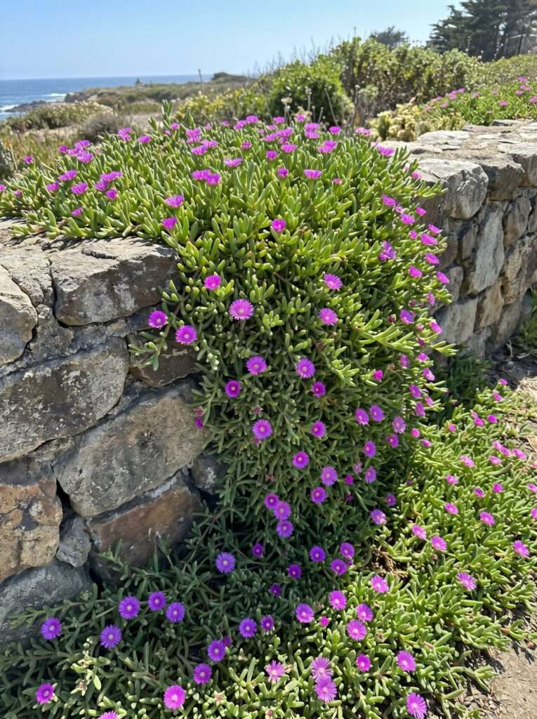Purple flowering iceplant groundcover cascading over a rustic stone garden wall