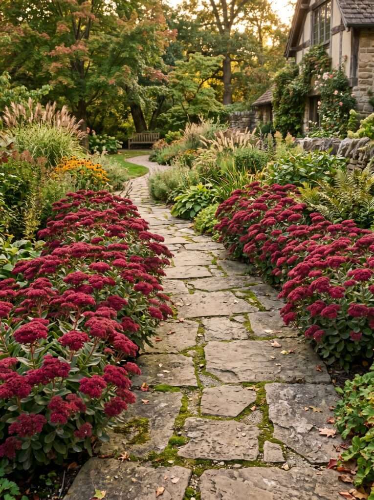Deep garnet red sedum plants lining a rustic flagstone garden walkway