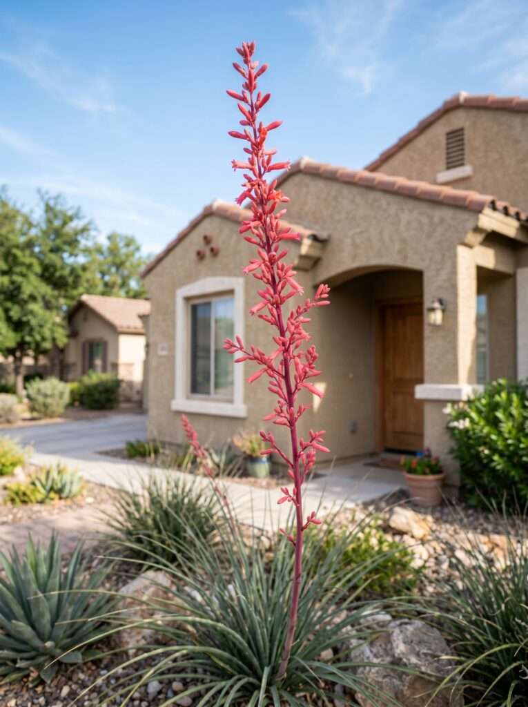 Red yucca plant blooming with tall pink flower spikes near a suburban home foundation