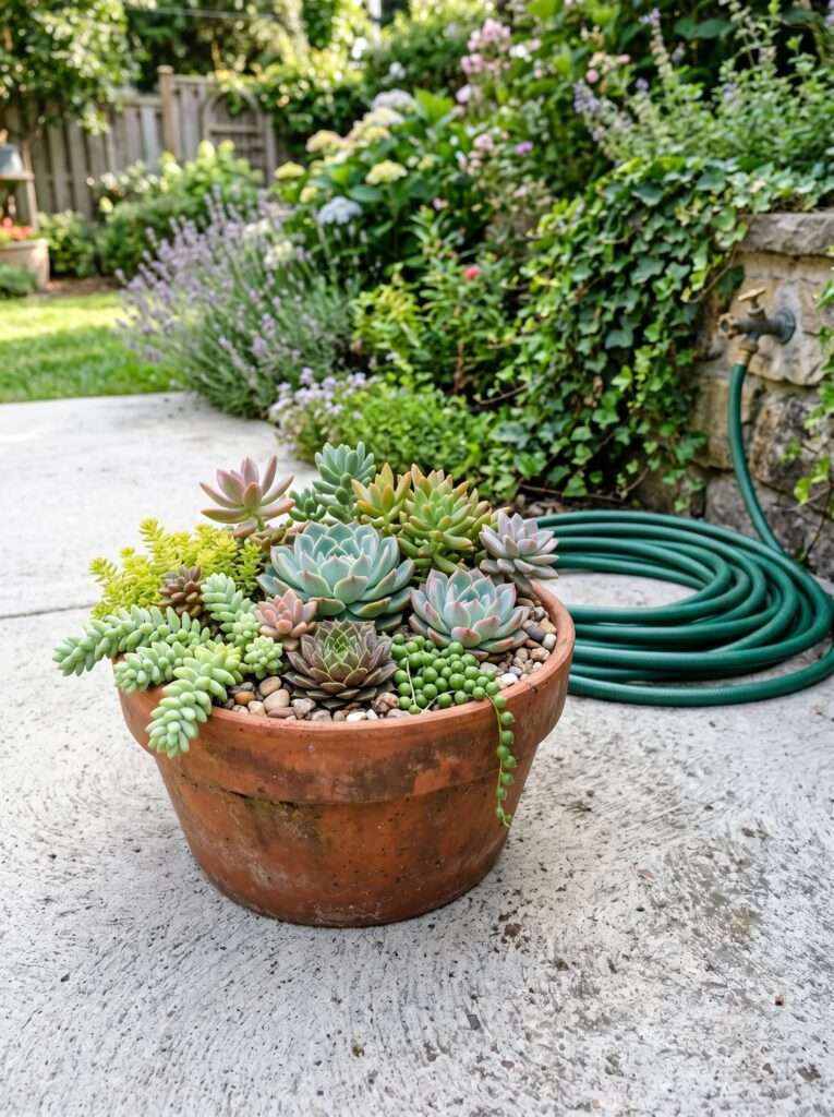 Terracotta container filled with mixed fire resistant succulents on a concrete patio.