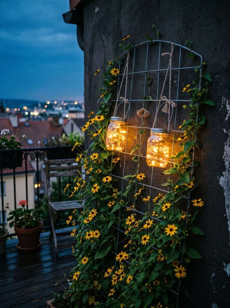Wire trellis with climbing vines and glowing solar fairy light mason jars.