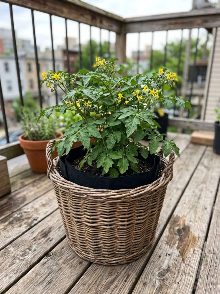 Woven willow basket hiding a fabric grow bag with a tomato plant.